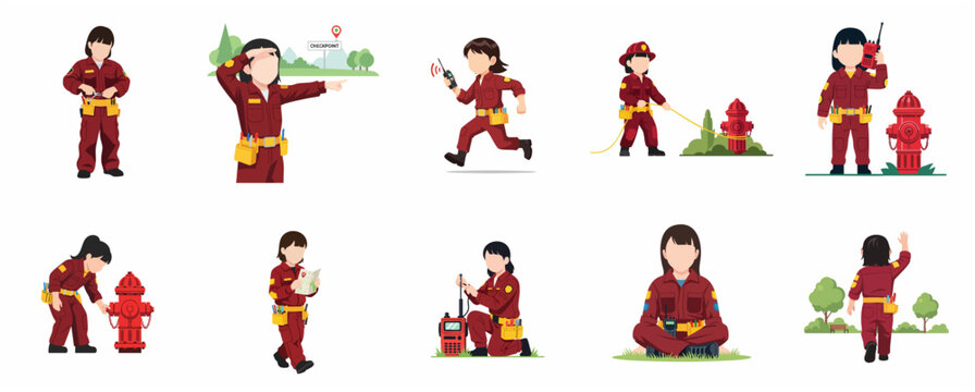 Cute girl firefighter character set in red uniform performing rescue activities and using technical equipment vector illustration