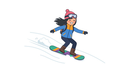 Obraz premium Young girl snowboarding down a snowy slope in winter.