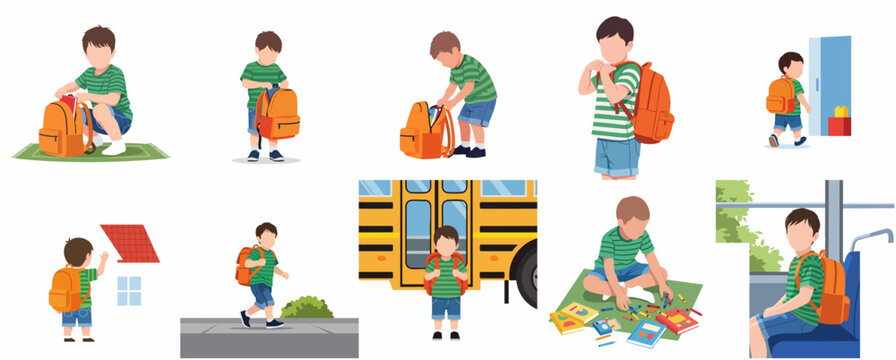 Back to School Concept: Little Boy Preparing and Going to School Illustration Set