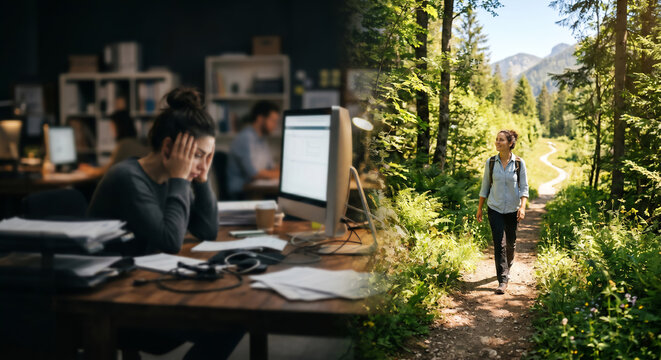 Work-life balance concept showing a stressed office worker at her desk and a happy woman hiking in a sunny forest