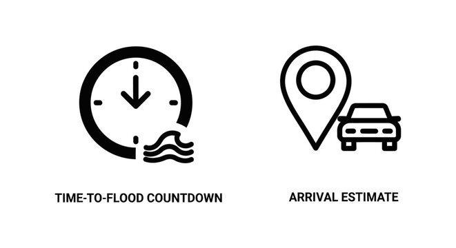 Logistics icons for time to flood countdown and vehicle arrival estimate with estimate location transport logistics navigation tracking countdown emergency movement distance