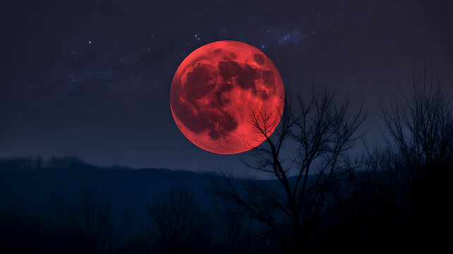 Red moon rising over dark landscape with bare trees full moon night sky stars