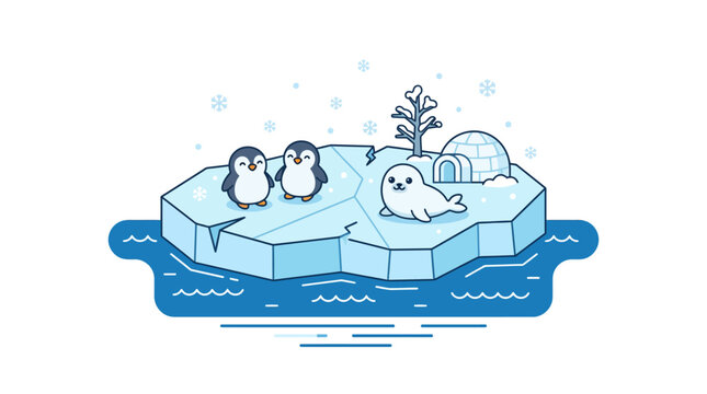 Penguins and seal on floating iceberg in arctic sea.