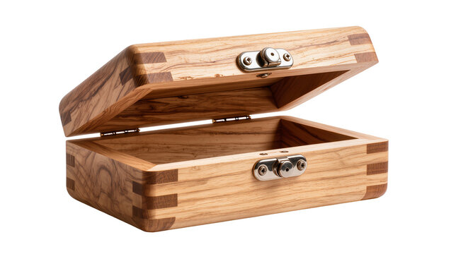 Isolated elegant open wooden box showing handcrafted dovetail joints and polished metal clasps
