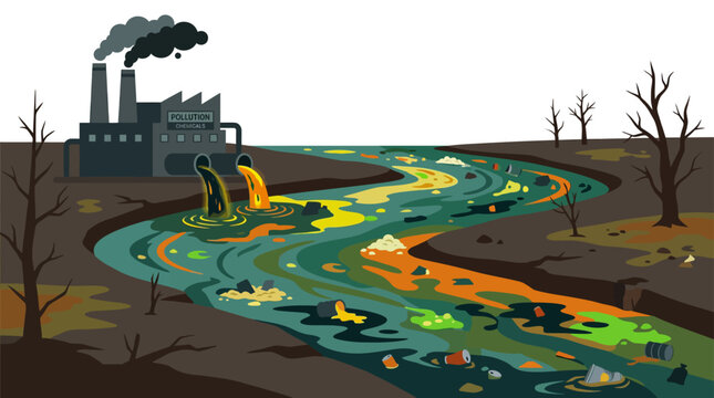Factory polluting river with toxic waste and dark smoke.