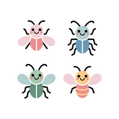 Fototapeta premium Friendly Insect Faces, Butterfly Ant Bee And Dragonfly Characters, Kawaii Style, Sticker Pack Icon Set, Flat Vector Icons, Clipart Collection