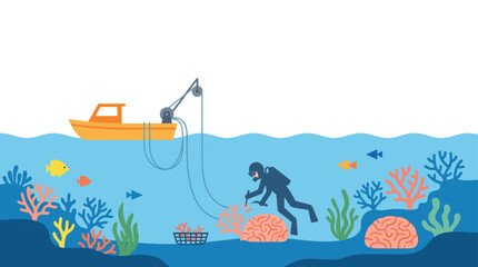 Scuba diver exploring coral reef with boat on surface. © Noemi
