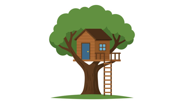 Wooden treehouse built in branches of lush green tree.
