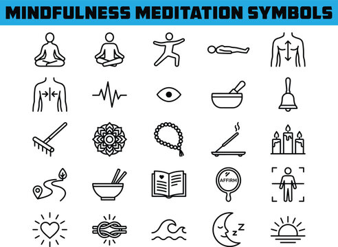 Set of mindfulness meditation icons, including yoga, breathing, relaxation, spiritual practice, zen, mental health, and wellness symbols