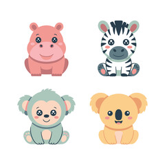 Fototapeta premium Safari Nursery Animals, Pink Hippo Striped Zebra Koala Faces, Cute Trendy Style, Flat Vector Icons, Decor Clipart Collection Sticker Pack