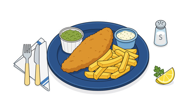 Complete fish and chips meal with condiments and cutlery.