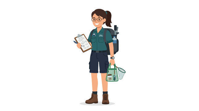 Female park ranger holding clipboard and insect net vector.