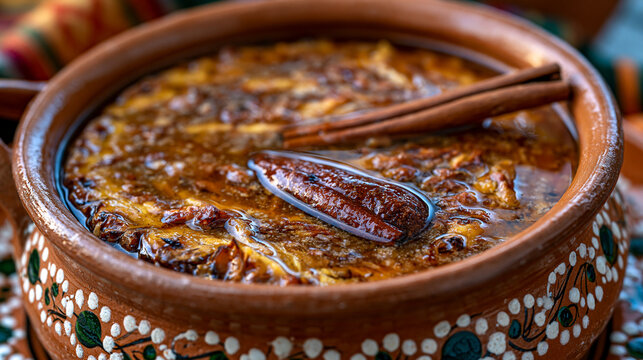 Fermented tepache pineapple rind brew in a clay olla vessel, dried cinnamon quill and piloncillo sugar cone partially dissolved in the fermenting liquid, clay vessel exterior showing salt effloresce