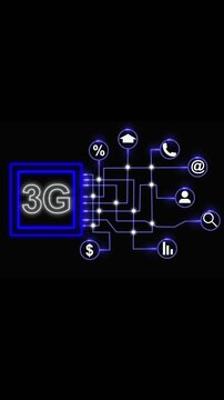 3g network connectivity with business and communication icons on black background, mobile communication concept with digital service symbols, futuristic network animation.