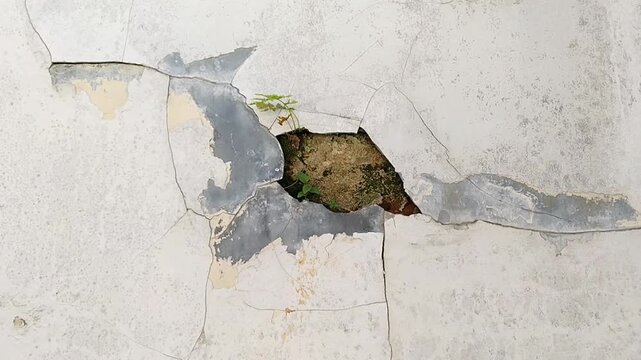 Deep hole in a cracked concrete wall showing damaged structure