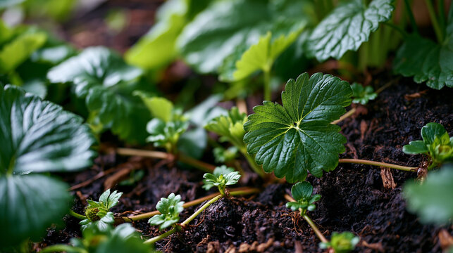Fragaria &times; ananassa runners extend across dark composted soil, small rooted plantlets forming along each stolon at precise intervals, the propagation process creating an elegant natural network patt