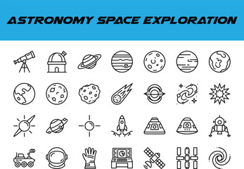 Set of astronomy and space exploration icons vector linear icons of planets, telescope, rocket, astronaut equipment, satellite and space station © Top Stock