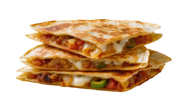 Isolated Stack of three delicious golden quesadilla slices with melted cheese and fresh vegetables