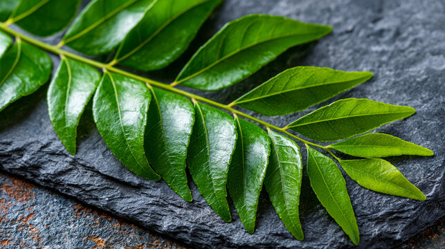 Fresh curry leaf branch with glossy pinnate leaflets arranged on weathered slate, waxy cuticle surfaces catching diffuse studio illumination, aromatic herb backdrop for culinary editorial, South Asi