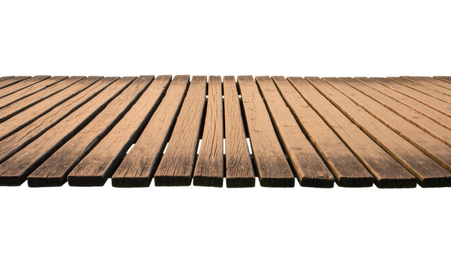 Isolated weathered wooden deck or floor planks from above, rustic timber surface texture for display.