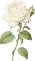 Fototapeta premium White rose, floral illustration, blooming flower, green leaves