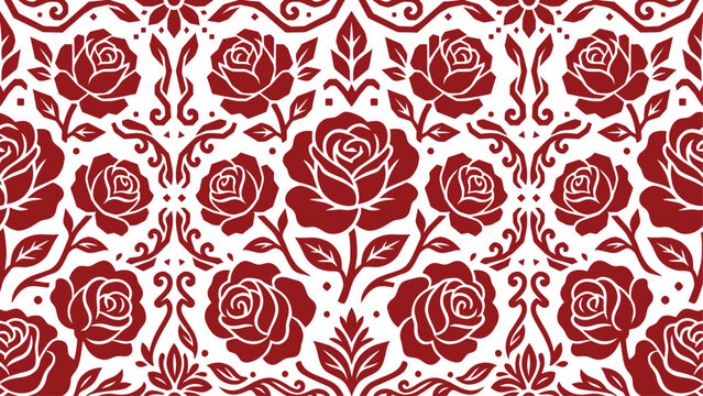 Red rose floral damask pattern with ornate repeating motif for textiles and design.