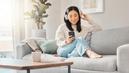 Fototapeta premium Young woman listening to music on sofa with headphones in bright living room