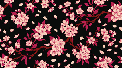Black background floral pattern with pink blossoms and maroon vines for seamless design. © Robich Art