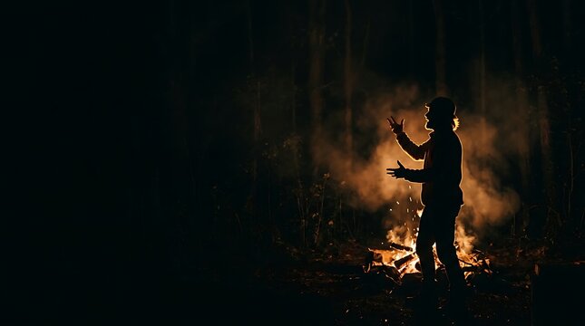 Man silhouette telling stories by a campfire in a dark forest at night