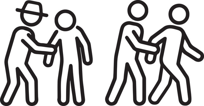 Black and white stick figure pictogram vector illustration showing guiding, escorting, or detaining action for public signage and safety communication
