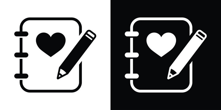 Notebook with heart icon and pencil. Love diary or health journal vector icon set in black and white versions. Minimal romantic notepad symbol.