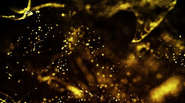 Gold dust particles fly in slow motion in the air lingering slowly. Dust Particles Background Bokeh Lights Background on Black Background 4k Footage Snow Particles Background.