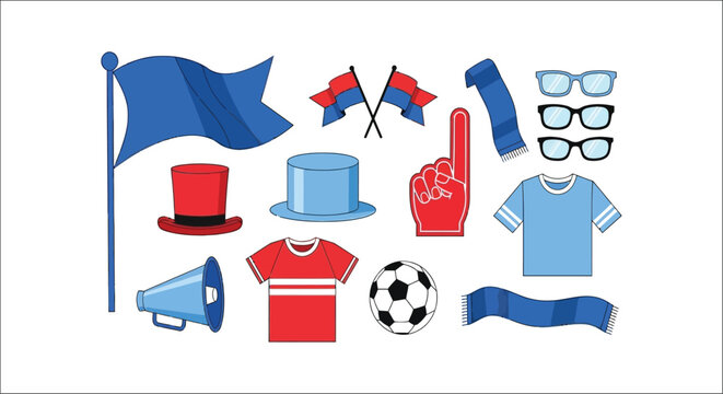 Collection of sports fan items in a vector illustration including flags hats and accessories paraphernalia gear flags hats scarves sunglasses foam finger megaphones soccer ball