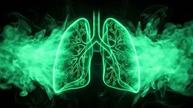 Neon Green Lungs Surrounded by Atmospheric Smoke &ndash; Human Respiratory Anatomy and Healthcare Concept