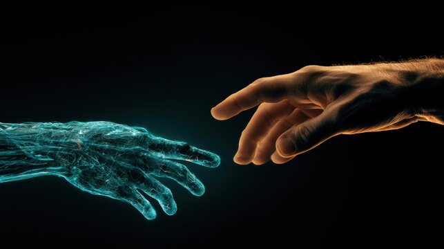 A glowing digital hand is extended toward a human hand in a touch moment showing the collaboration between technology and people.