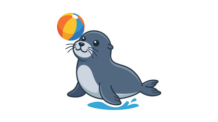Happy cartoon seal balancing a colorful ball on nose. © Penjual