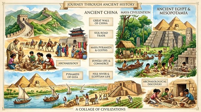 Educational infographic showing ancient civilizations including the wall of china, egyptian pyramids, and mayan ruins