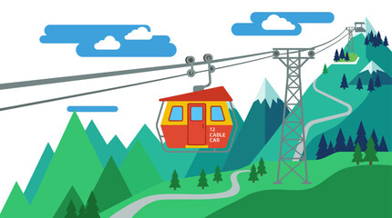 Red cable car traveling over green mountain slopes. © reihan
