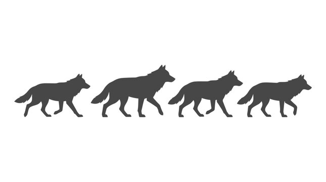Silhouette of four wolves running in a line.