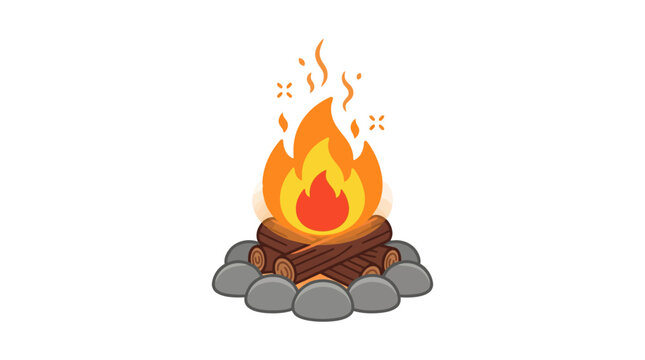Burning campfire with logs and stones on white background.