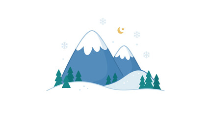 Snowy mountain peaks with pine trees and crescent moon. © Penjual