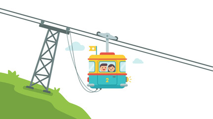 Colorful cable car transporting passengers over green mountain slope. © reihan