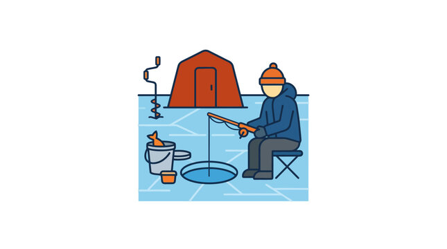 Person ice fishing near orange tent.