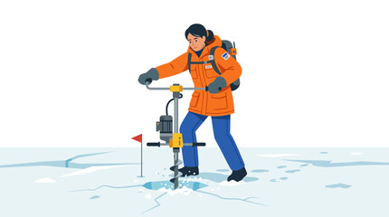 Man drilling hole in ice for winter expedition. © Kristina
