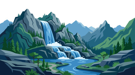 Majestic waterfall flowing through mountain valley forest. © Kristina