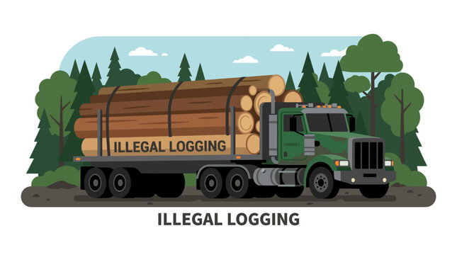 Green truck carrying heavy logs through a forest area.