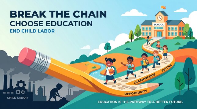 Illustration showing transition from child labour factory to bright school path, pencil road symbolizing opportunity, learning, hope, and better future through education.