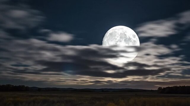 Time-lapse of a glowing full moon rising over a vast field at dusk with wispy clouds moving by