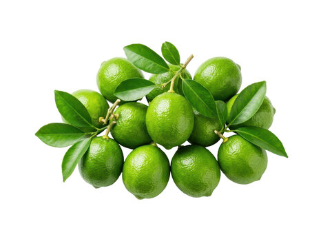 Fresh green limes with leaves on a white background, a healthy citrus fruit