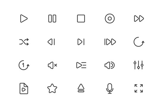Media player line icon set. UI vector icons pack for audio and video control, music app, playlist, volume button, record and settings interface.